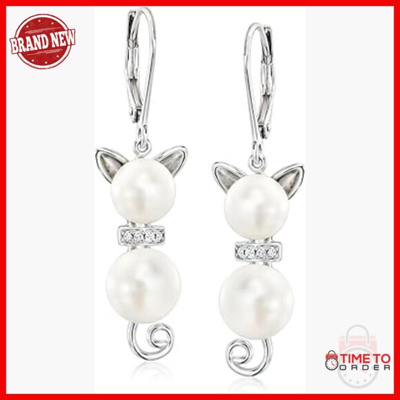 Sterling Silver Pearl Diamond Drop Earrings 7.5-9mm Lever Back